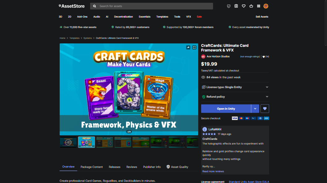 CraftCards Unity editor showing card system setup